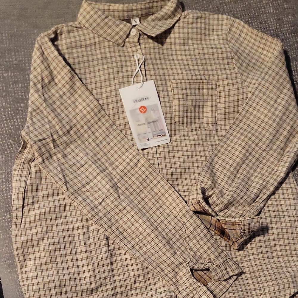 Women's Beige Plaid Button-Down Blouse